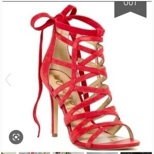 SAM EDELMAN/ALBA Orange Alba Lace -Up Stiletto Heel Sandals Zipper Sz 6 1/2 NWOB